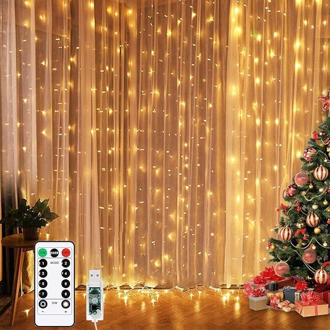 Unihoh Curtain Lights, Fairy Lights for Bedroom, 300 LEDs Warm White Twinkle Lights W/ 8 Modes USB Powered, Icicle String Lights W/ Remote & Timer for Indoor Xmas Party Patio Decoration(9.8 x 9.8 Ft) 