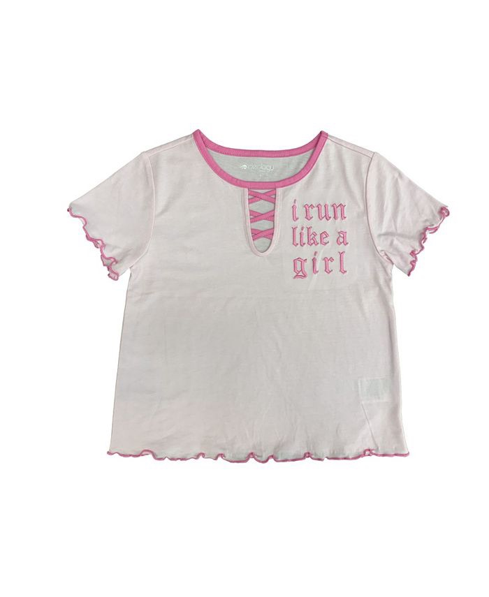 女孩上衣Ideology Big Girls Cotton Lace-Up Lettuce Hem T-Shirt, Cradle Pink