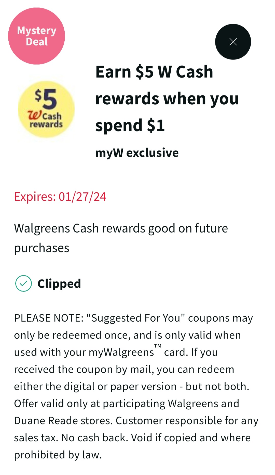 买任何东西价值$1或以上得$5 Walgreens cash rewards