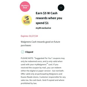  买任何东西价值$1或以上得$5 Walgreens cash rewards
