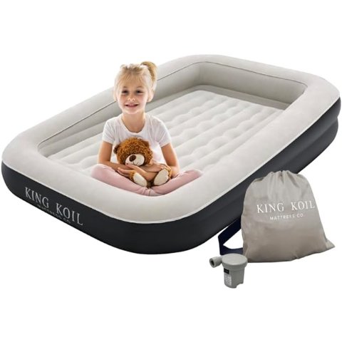 King Koil Premium Inflatable Toddler Travel Bed with Built-in Safety Bumper, Portable Air Mattress Airbed for Kids Travel, Includes High-Speed Pump - Black