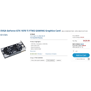 $409.99 EVGA GeForce GTX 1070 Ti FTW2 显卡
