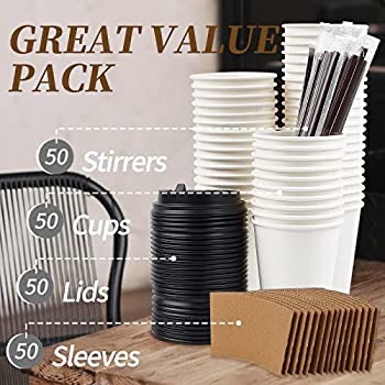 Amazon.com: Zorrita 12oz Paper Coffee Cups with Lids Disposable To Go Kraft Cups with Straws, Stirrers and Sleeves Hot/Cold Drinking Cups for Water, Cafe or Tea, 50 Pack, White : Everything Else