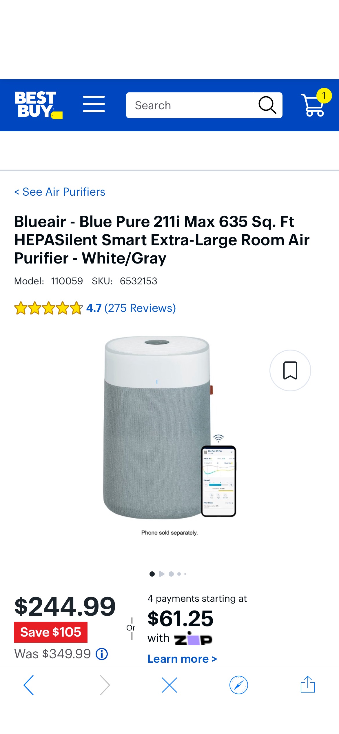 Blueair Blue Pure 211i Max 635 Sq. Ft HEPASilent Smart Extra-Large Room Air Purifier White/Gray 110059 - Best Buy
