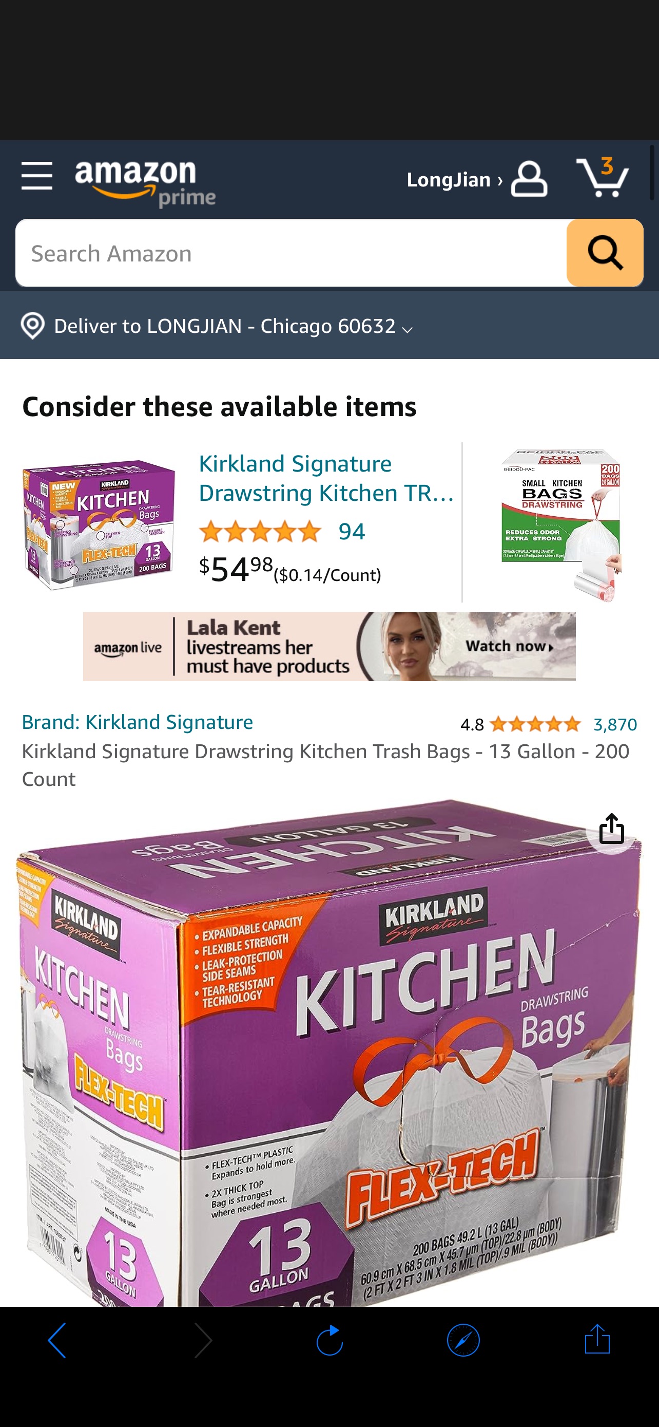 Amazon.com: Kirkland Signature Drawstring Kitchen Trash Bags - 13 Gallon - 200 Count : Health & Household 垃圾袋