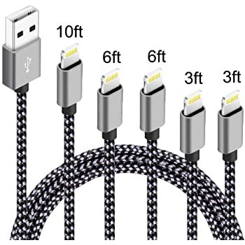 USB-A转Lighting 尼龙数据线 5根 (0.9米x2 1.8米x2 3米x1)