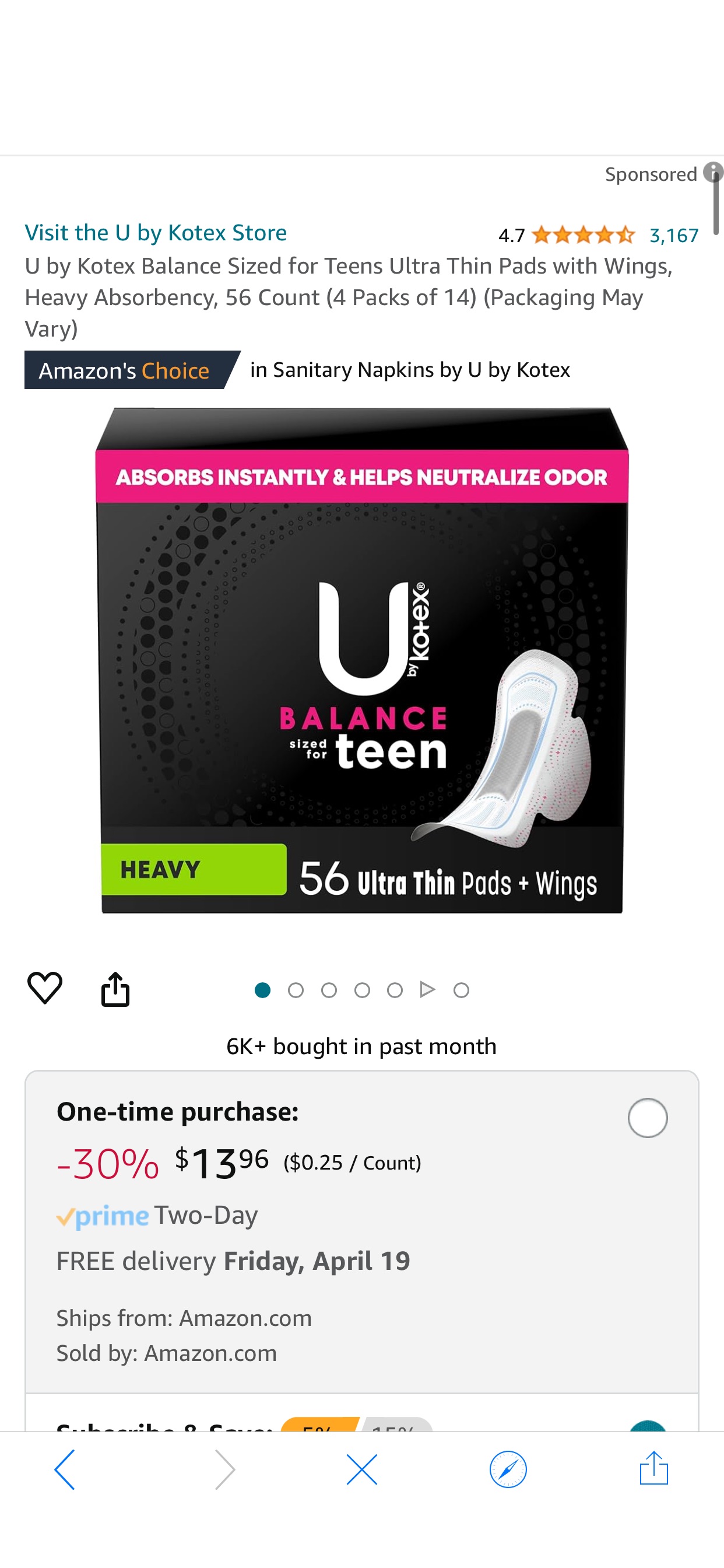 Amazon.com: U by Kotex Balance Sized for Teens Ultra Thin Pads with Wings, Heavy Absorbency, 56 Count (4 Packs of 14) (Packaging May Vary) : Health & Household 卫生巾
