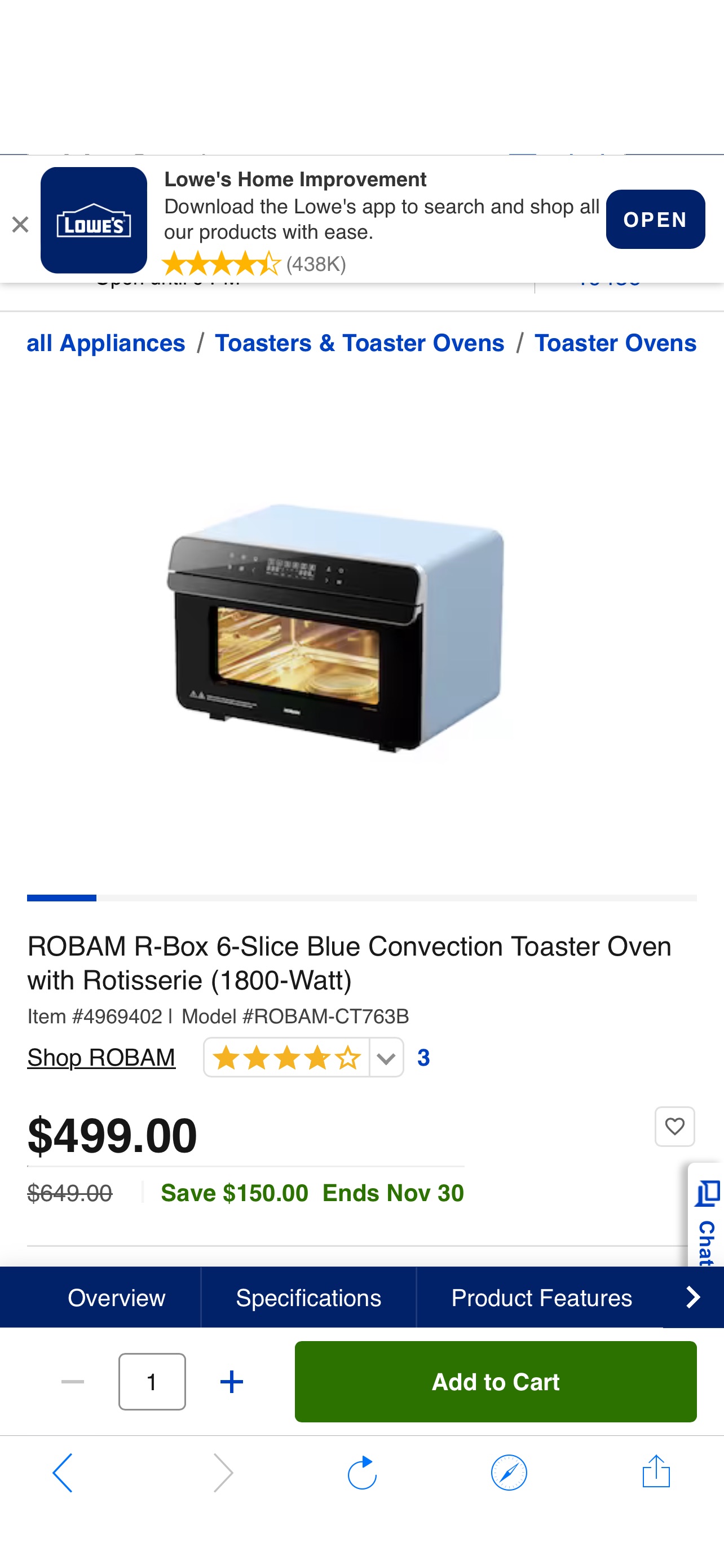 ROBAM R-Box 6-Slice Blue Convection Toaster Oven with Rotisserie (1800-Watt) in the Toaster Ovens department at Lowes.com