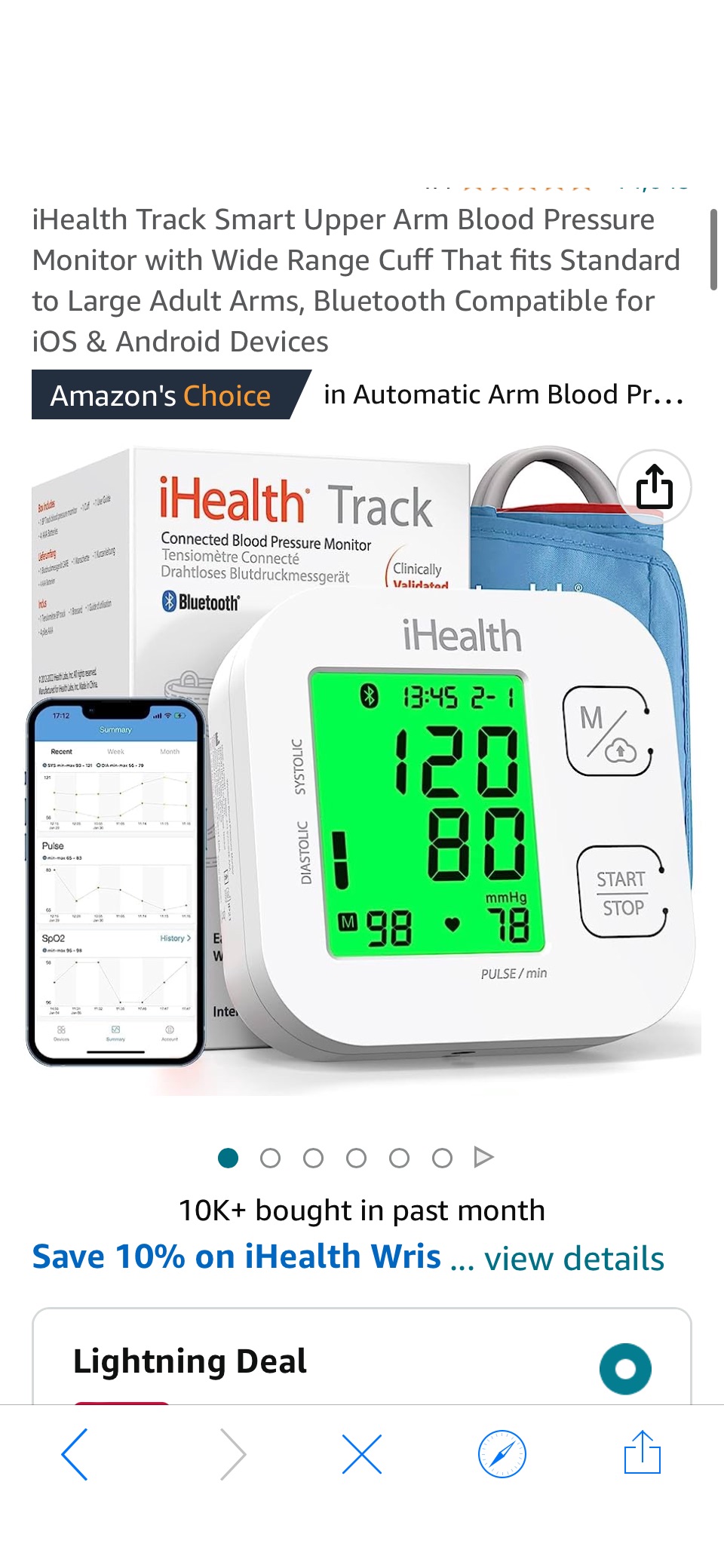 Amazon.com: iHealth Track Smart Upper Arm Blood Pressure Monitor with Wide Range Cuff That fits Standard to Large Adult Arms, Bluetooth Compatible for iOS & Android Devices : Health & Household原价49.99