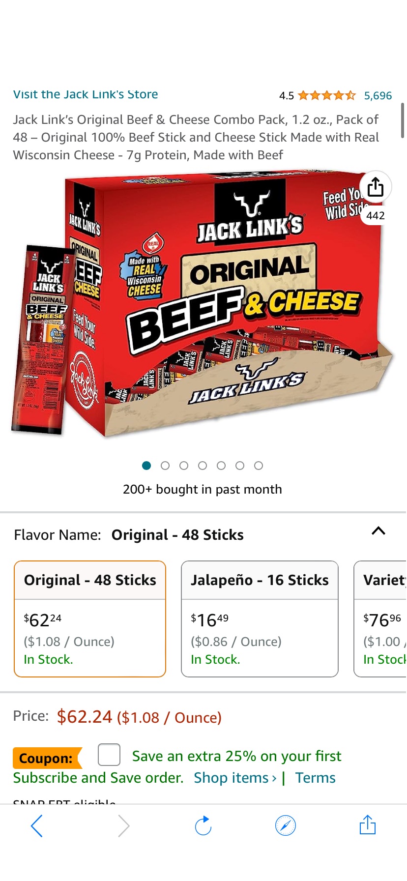 Amazon.com : Jack Link’s 原味牛肉干与芝士零食包Original Beef & Cheese Combo Pack, 1.2 oz., Pack of 48 – Original 100% Beef Stick and Cheese Stick Made with Real Wisconsin Cheese - 7g Protein, Made with Beef : Everything Else