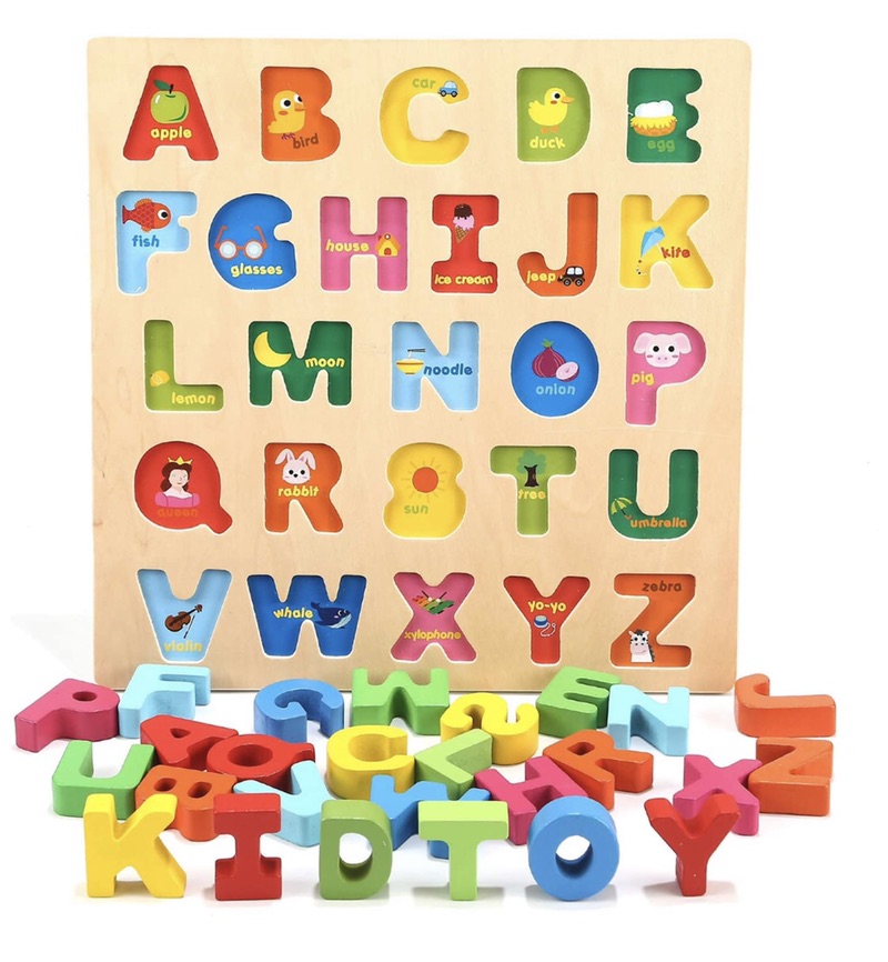 字母图案Jamohom Wooden 26 Alphabet Letters, ABC Puzzles Board for Toddlers 3-5 Years Old