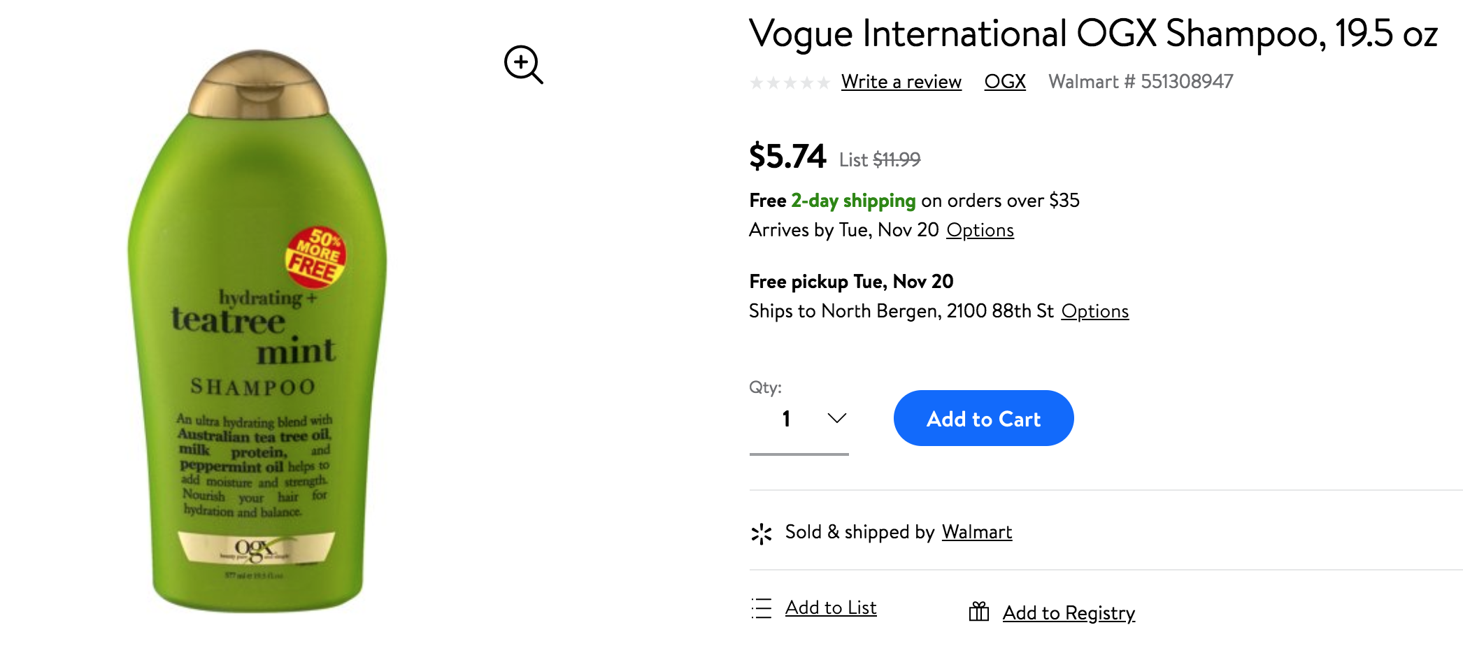 Vogue International OGX洗发液, 19.5 oz