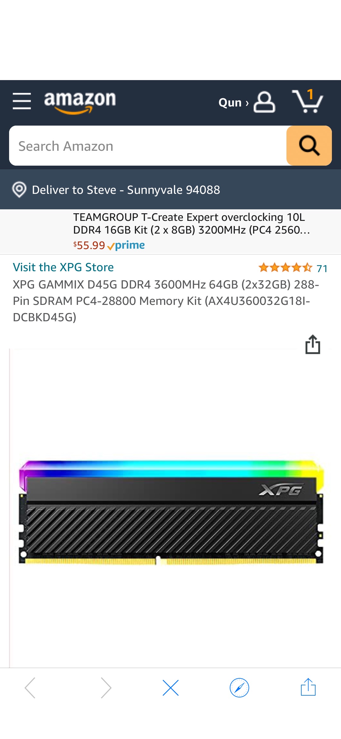 XPG GAMMIX D45G DDR4 3600MHz 64GB (2x32GB) 288-Pin SDRAM PC4-28800 Memory Kit (我AX4U360032G18I-DCBKD45G) at Amazon.com
