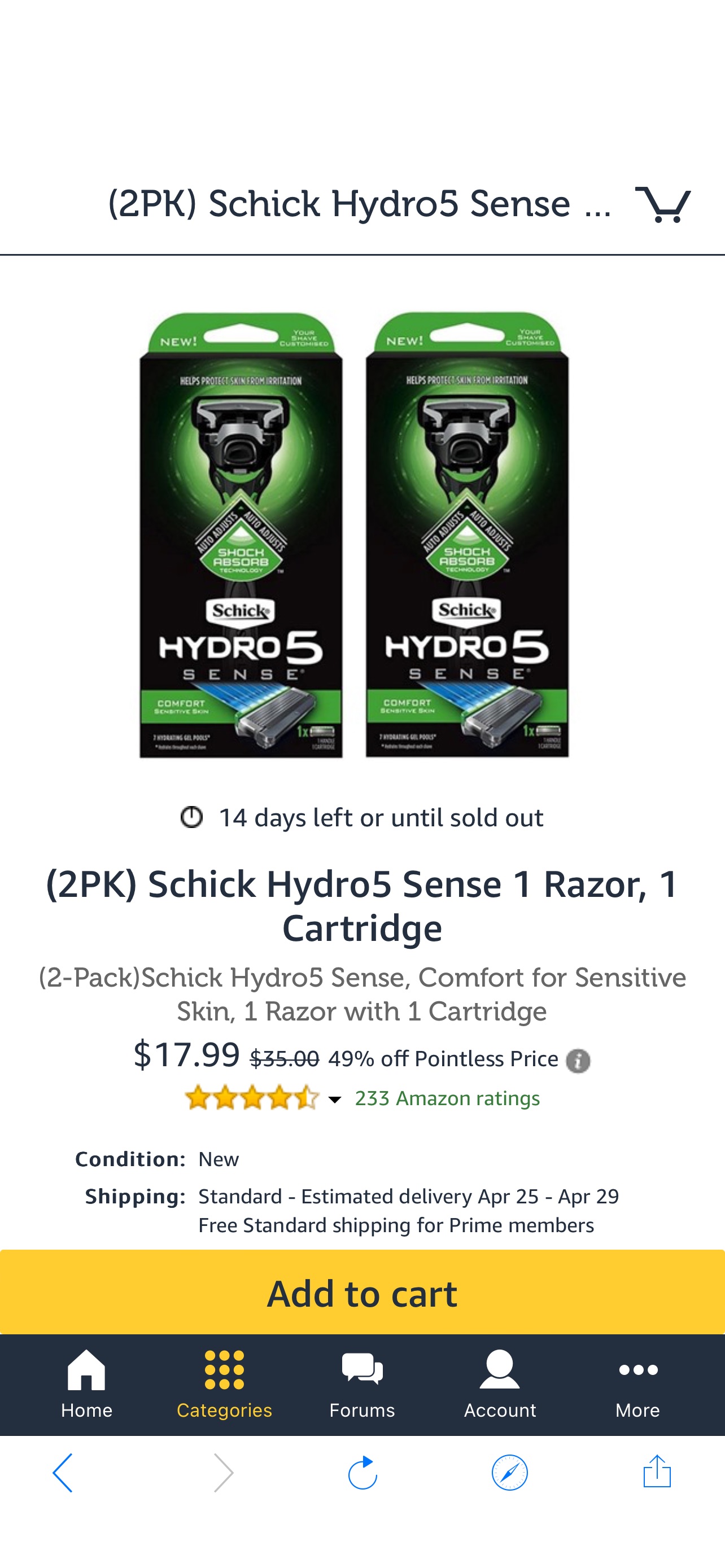 刮胡刀(2PK) Schick Hydro5 Sense 1 Razor, 1 Cartridge
