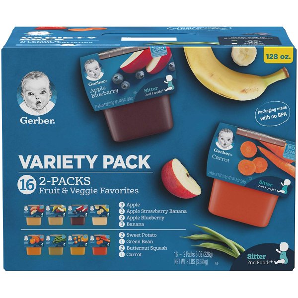 (16 Twin Packs) Gerber 2nd Foods Fruit & Veggie Favorites Baby Food Variety Pack, 8 oz Twin Pack Tubs