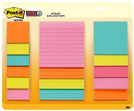 Post-it Super Sticky Notes, Assorted Sizes, 15 Pads, 2x the Sticking Power, Miami Collection, Neon Colors (Orange, Pink, Blue, Green), Recyclable (4423-15SSMIA) 便利贴各种大小 15沓