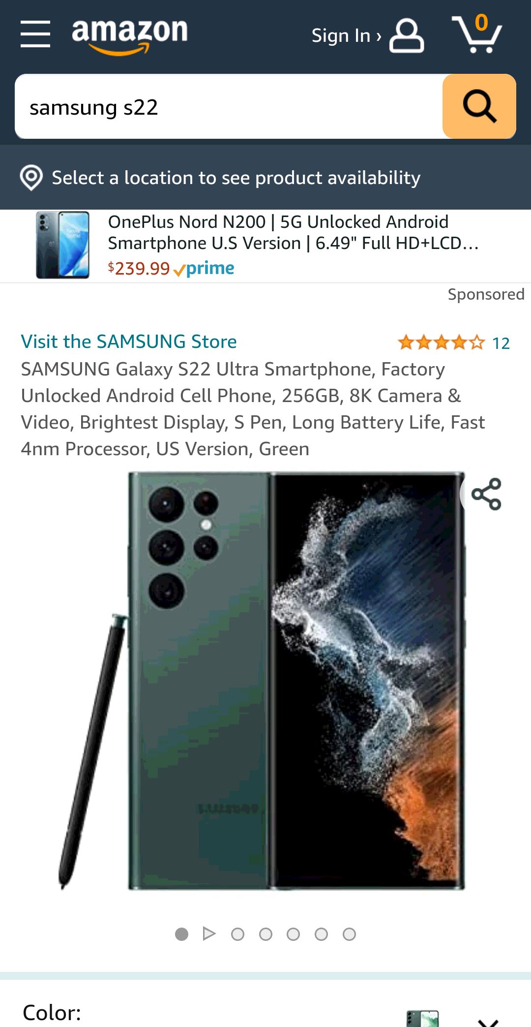 三星无锁手机SAMSUNG Galaxy S22 Ultra Smartphone, Factory Unlocked Android Cell Phone, 256GB