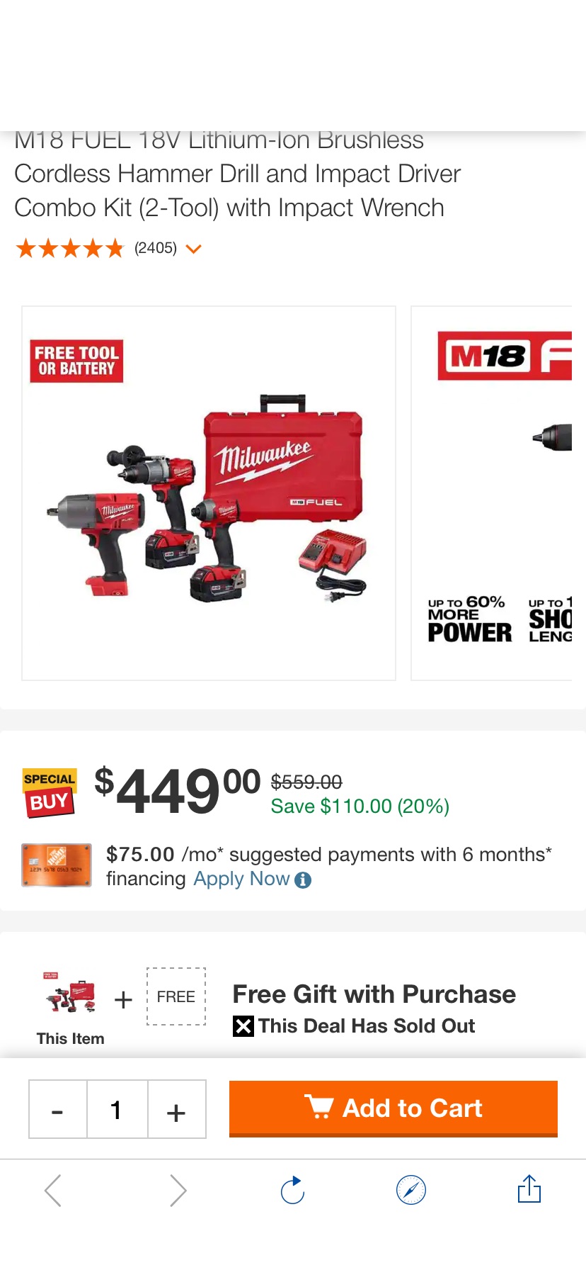 Milwaukee M18 FUEL 18V Lithium-Ion Brushless Cordless Hammer Drill and Impact Driver Combo Kit (2-Tool) with Impact Wrench 2997-22 2767-20 加免费自选工具