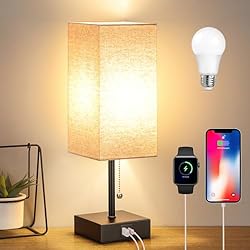 Amazon.com: GGOYING Bedside Table Lamp, Pull Chain Table Lamp with USB C+A Charging Ports, 2700K LED Bulb, Fabric Linen Lampshade 