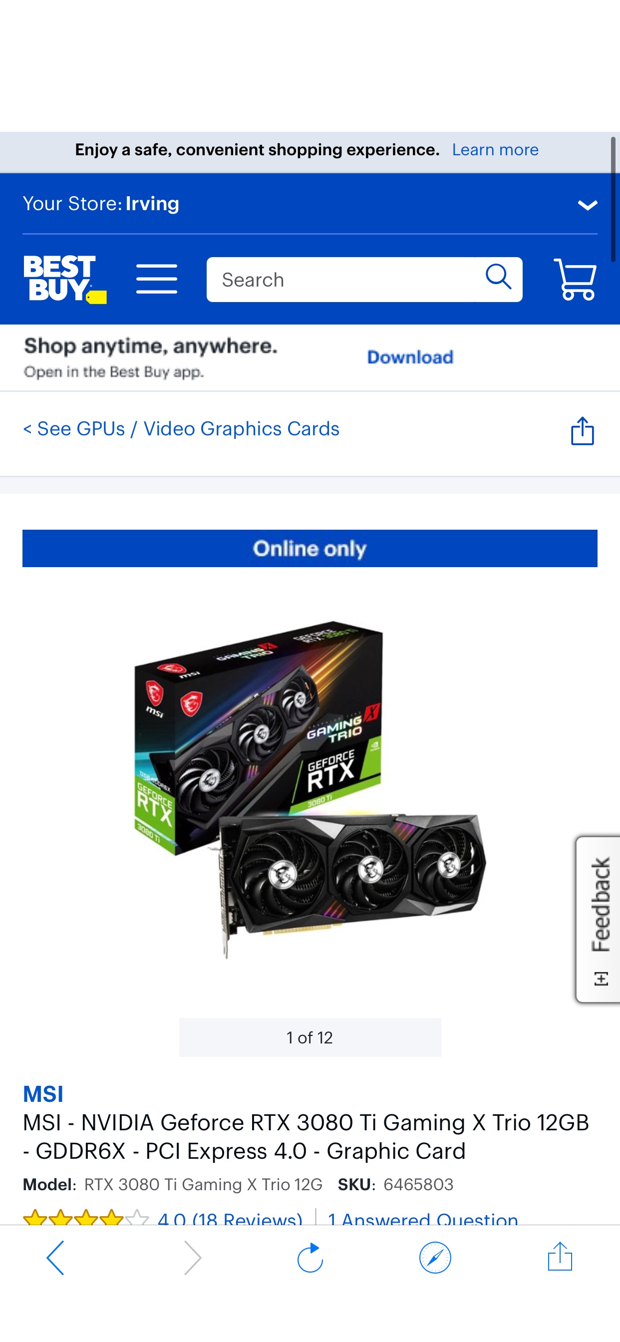 MSI NVIDIA Geforce RTX 3080 Ti Gaming X Trio 12GB GDDR6X PCI Express 4.0 Graphic Card RTX 3080 Ti Gaming X Trio 12G - Best Buy 微星3080ti 放货，手慢无。