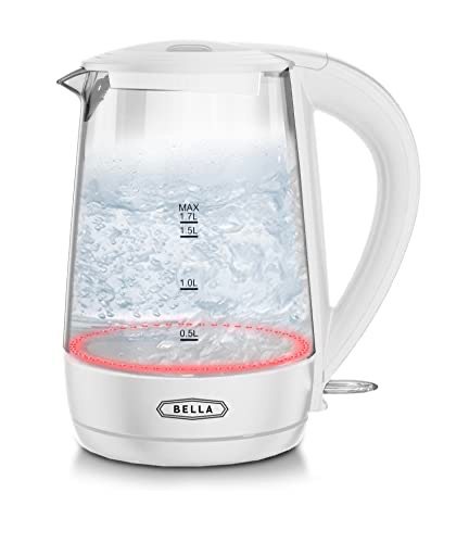 Amazon.com: BELLA 1.7 Liter Glass Electric Kettle, Quickly Boil 7 Cups of Water in 6-7 Minutes, Soft Red LED Lights Illuminate While Boiling, Cordless Portable Water Heater, Carefree Auto Shut-Off, Wh