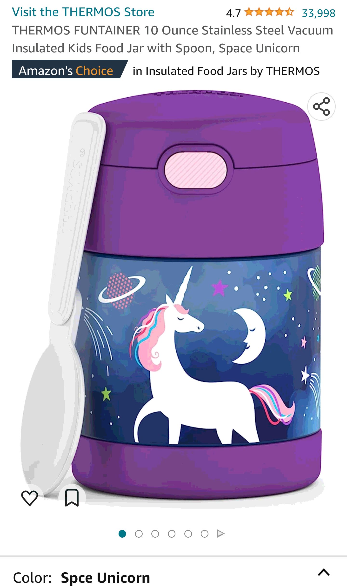 THERMOS FUNTAINER 10 Ounce Stainless Steel Vacuum Insulated Kids Food Jar with Spoon, Space Unicorn : Home & Kitchen
