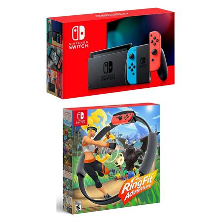 游戏机套装Nintendo 32GB Nintendo Switch w/Neon Blue & Red Joy-Con Controllers W/Ring Fit HADSKABAA D