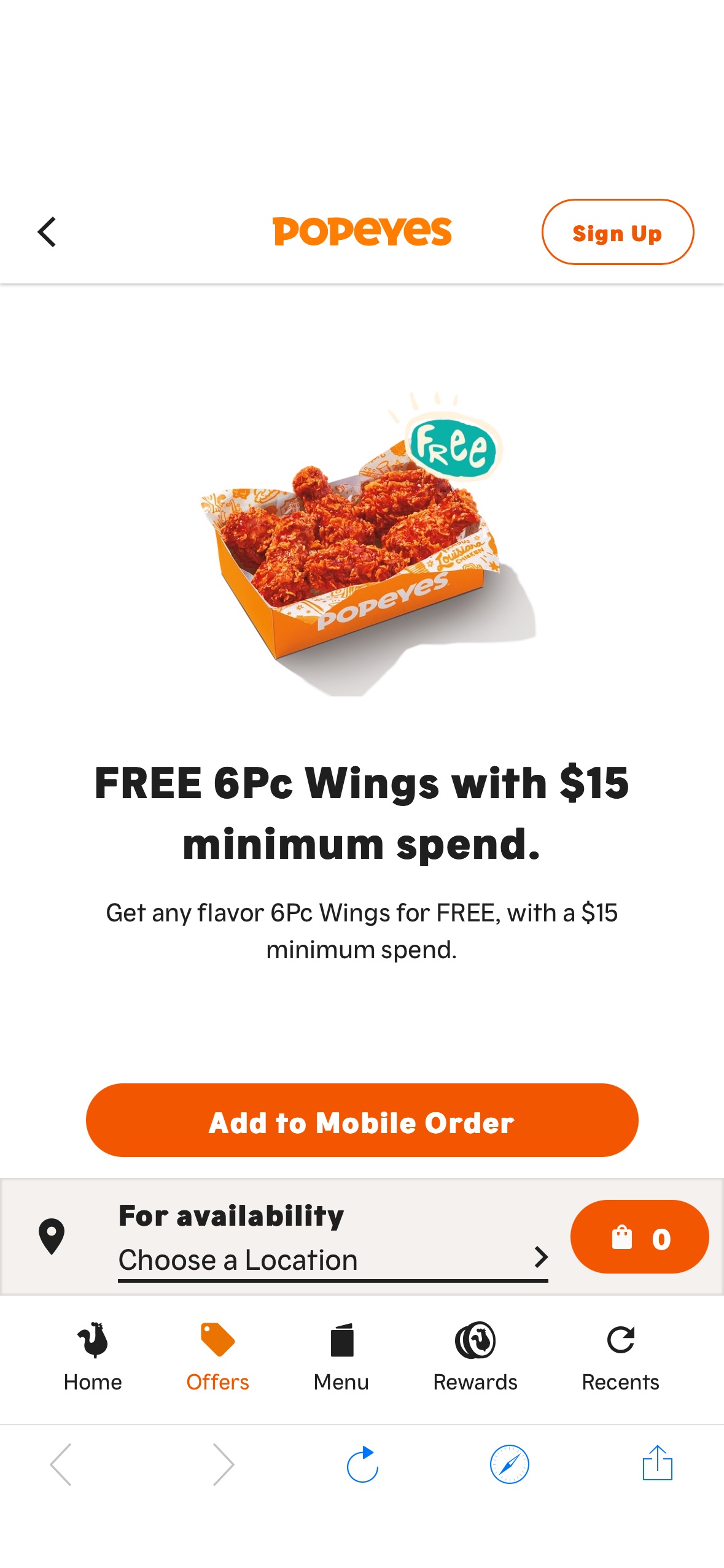 FREE 6Pc Wings with $15 minimum spend.