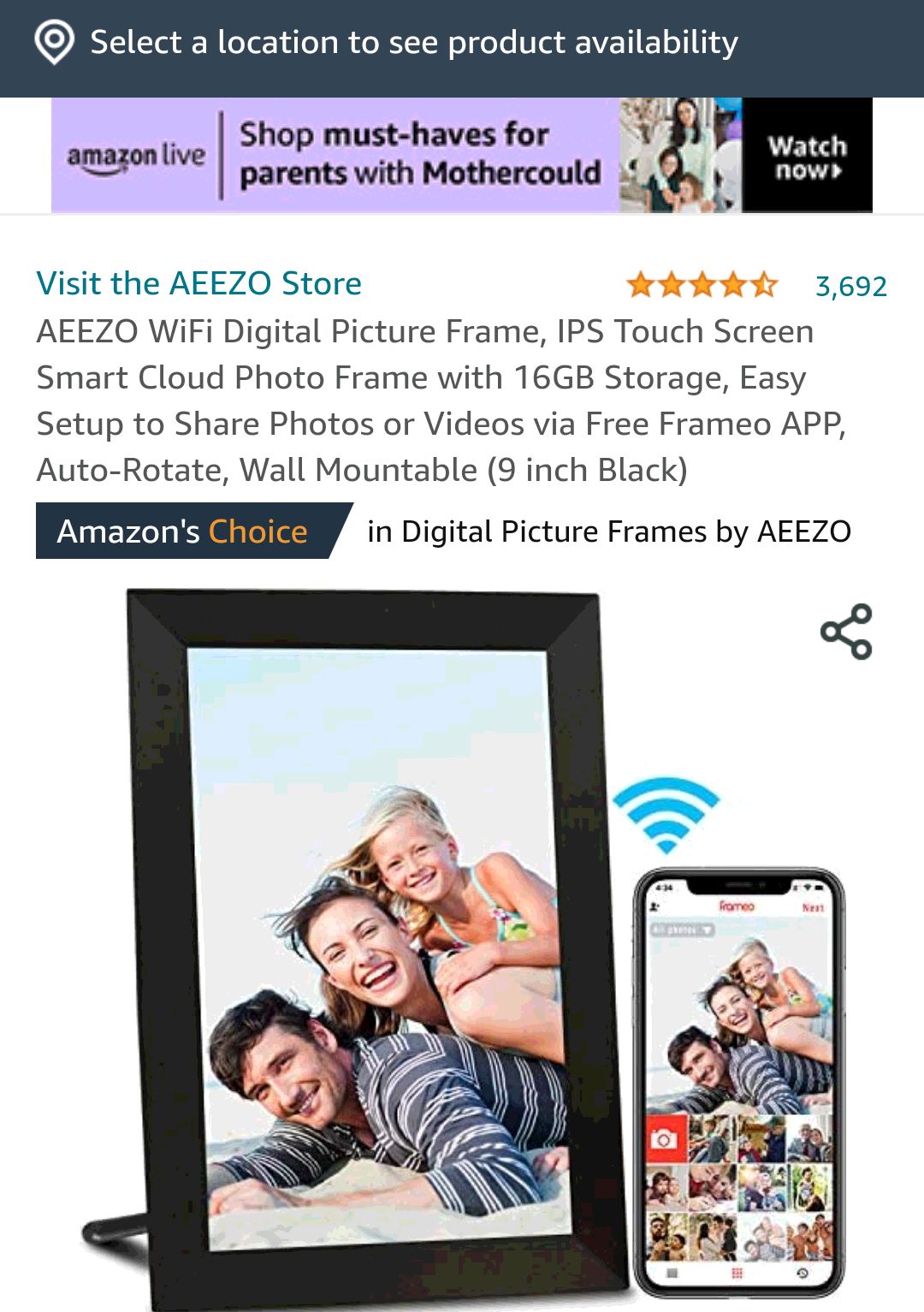Amazon.com：AEEZO WiFi 数码相框，IPS 触摸屏智能云相框，16GB 存储空间，通过免费 Frameo APP 轻松设置分享照片或视频，自动旋转，壁挂式
