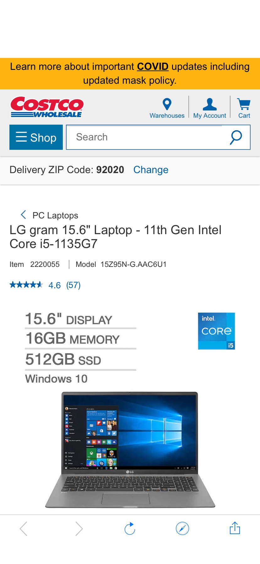 LG gram 15.6" Laptop - 11th Gen Intel Core i5-1135G7 | Costco轻薄本