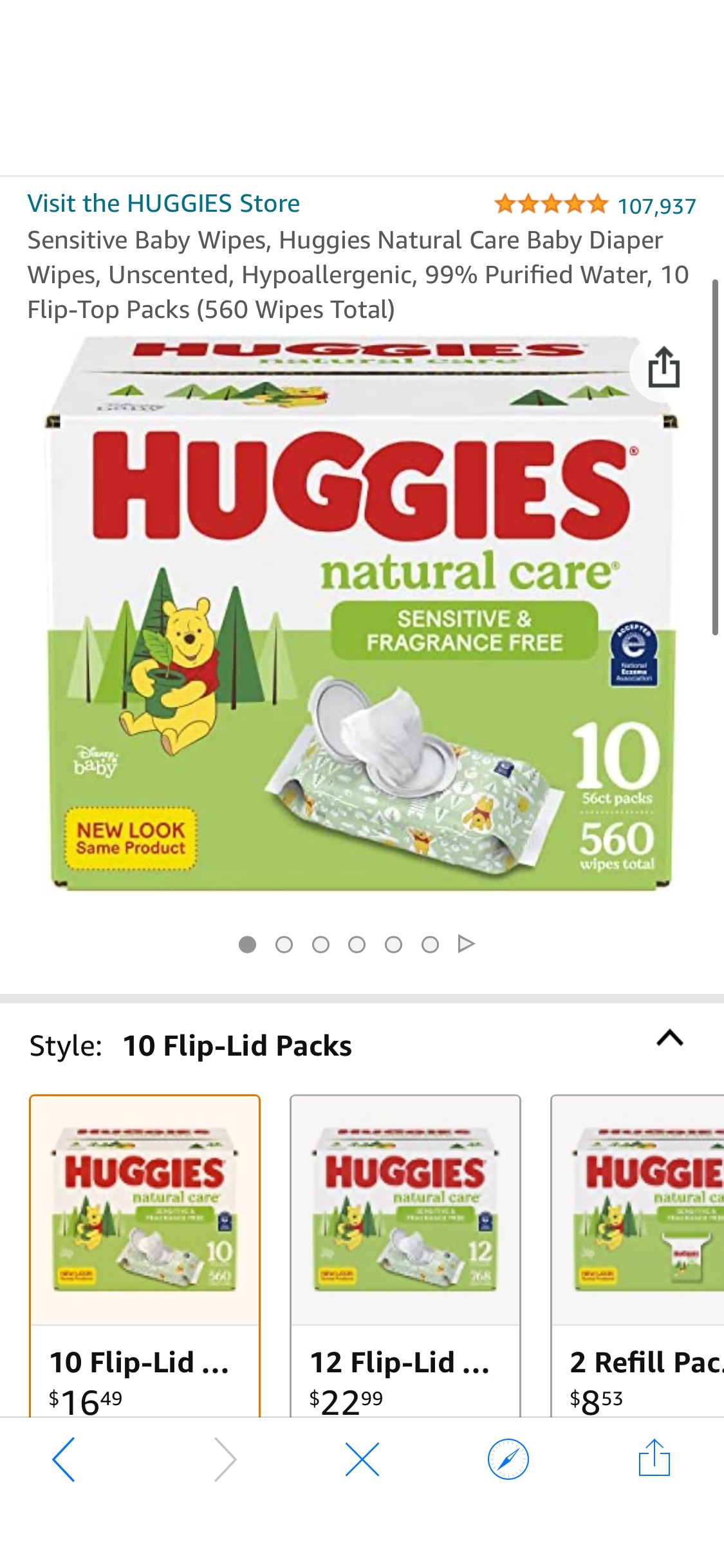 Amazon.com: Sensitive Baby Wipes, Huggies Natural Care Baby Diaper Wipes, Unscented, Hypoallergenic, 99% Purified Water, 10 Flip-Top Packs (560 Wipes Total)宝宝湿巾