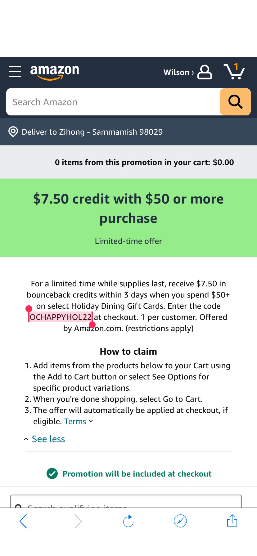 Amazon.com: $7.50 credit with $50 or more purchase promotion