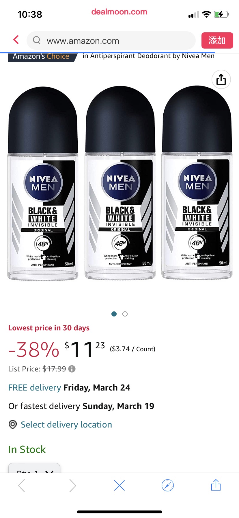 Amazon.com : Bundle of 3 Nivea for Men, Black & White, Invisible, Original, 48 Hours Antiperspirant Deodorant Roll on 50ml (Pack of 3)  男士止汗露