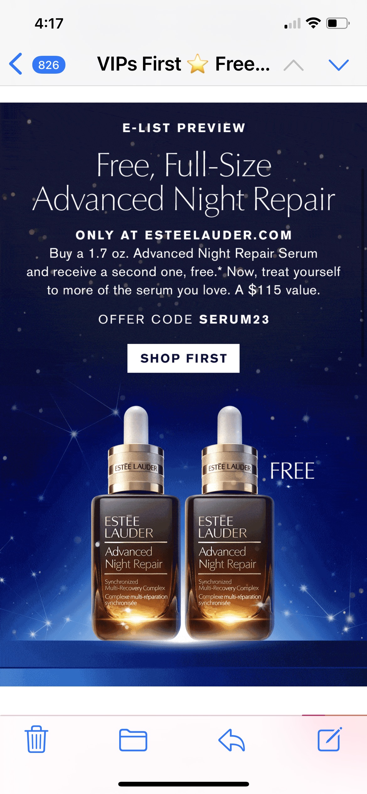 buy a 1.7oz Advanced Night Repair Serum receive second one free，还可叠加首单15%off
