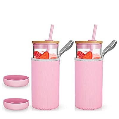 Tronco 24 oz Glass Tumbler with Straw and Lid - Glass Cup with Lid and Straw, Smoothie Cup, Iced Coffee Cup - Bamboo Lid and Protective Silicone