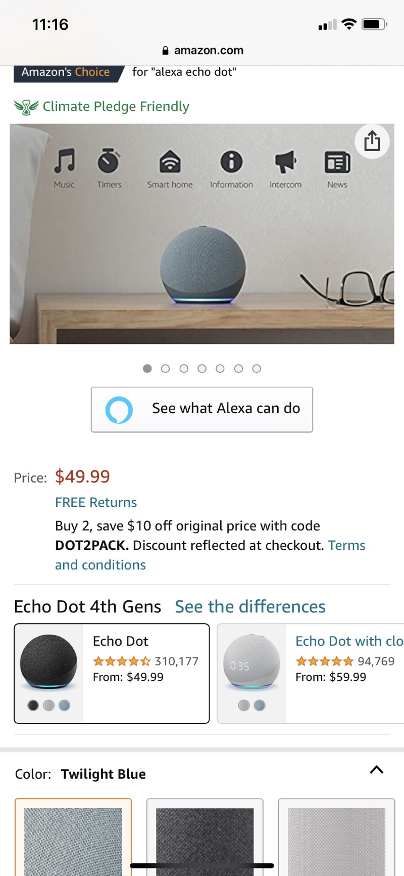 Amazon.com: Echo Dot (4th Gen) | Smart speaker with Alexa 买两件智能语音助手减10刀 code DOT2PACK
