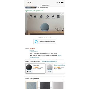 Amazon.com: Echo Dot (4th Gen) | Smart speaker with Alexa 买两件智能语音助手减10刀 code DOT2PACK