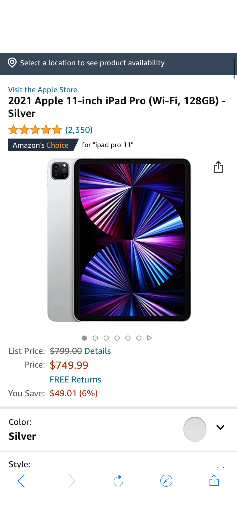 Amazon.com : 2021 Apple 11-inch iPad Pro (Wi‑Fi, 128GB) - Silver M1芯片