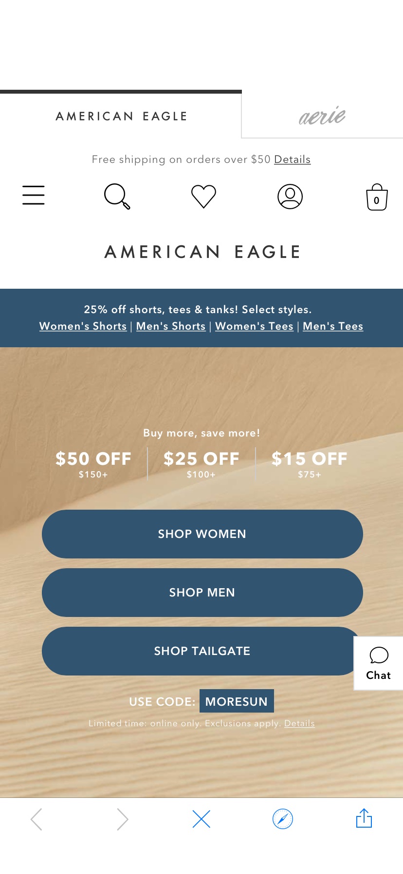 American Eagle Men’s & Women’s Jeans, Clothes & Accessories OFFLINE运动系列40%off，网页显示折扣价，并且可叠加满减活动。满减活动，折扣码：moresun。满$75减$15，满$100减$25，满$150减$50。满$50免运费。