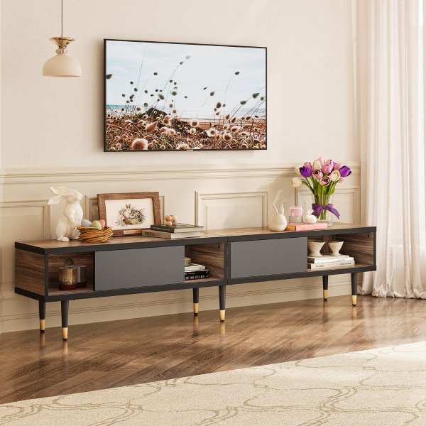 Bestier TV Stand Mid-Century Modern with Sliding Doors for TV up to 85''