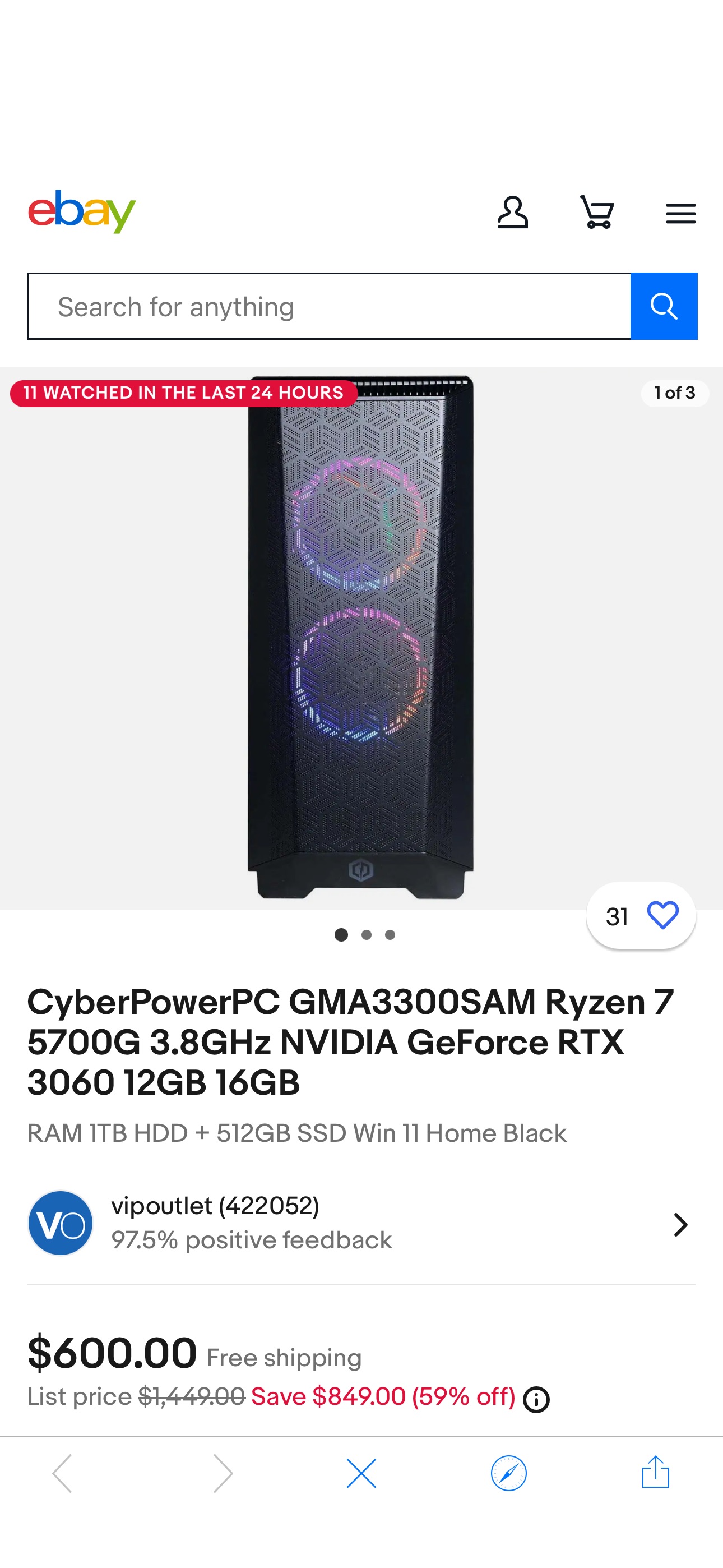 好价3060台式 CyberPowerPC GMA3300SAM Ryzen 7 5700G 3.8GHz NVIDIA GeForce RTX 3060 12GB 16GB | eBay