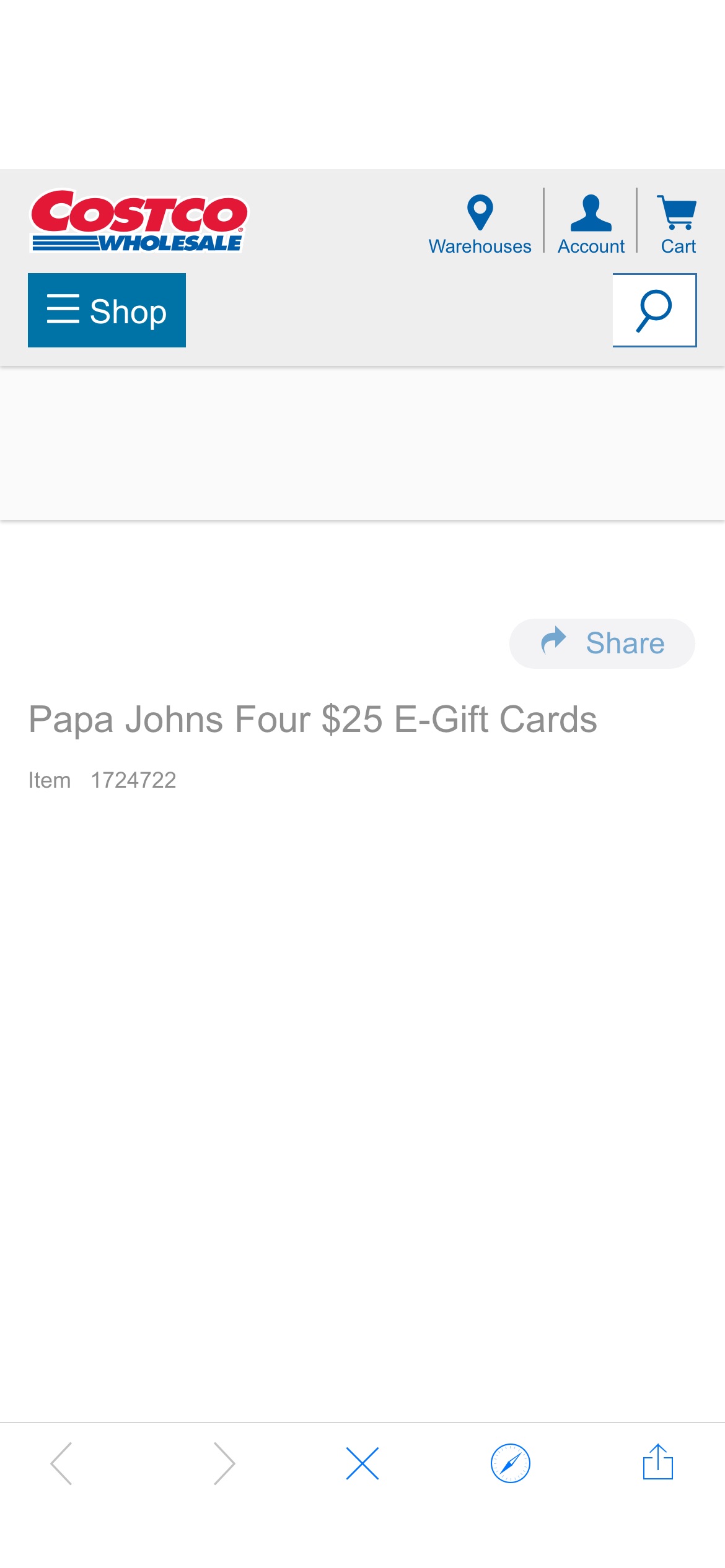 Costco： Papa Johns 4张$25礼卡才$79.99