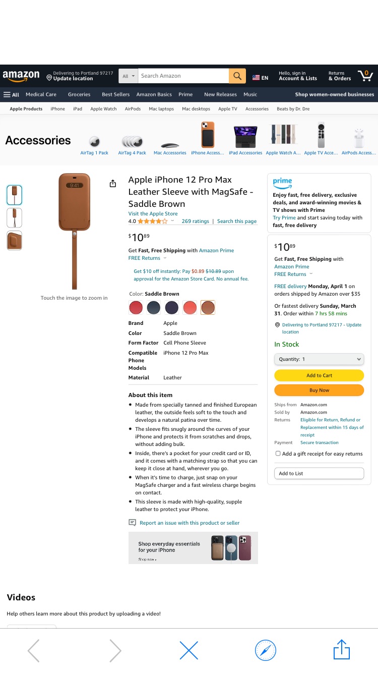 Amazon.com: Apple iPhone 12 Pro Max Leather Sleeve with MagSafe - Saddle Brown : Electronics