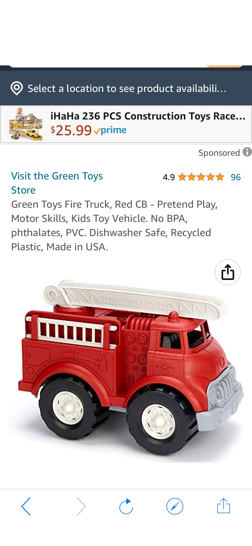 Amazon.com: Green Toys Fire Truck, Red CB - Pretend Play, Motor Skills, Kids Toy Vehicle. No BPA, phthalates, PVC. Dishwasher原价27.99
