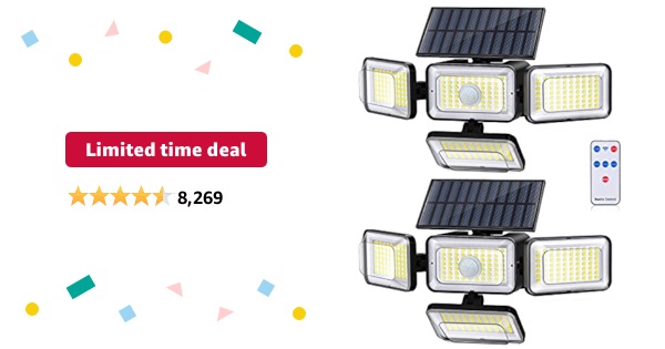 Limited-time deal: Mokot Solar Outdoor Lights, IP65 Waterproof Motion Sensor Outdoor Lights with Remote Control, 4 Heads Solar Flood Wall Lights for Outside Yard Pack of 2