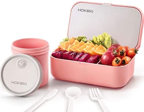 HOKEKI 粉色塑料带分隔便当盒+分装罐 送刀叉勺