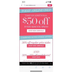 满$200减$50,加额外30%-50%off Talbots 满$200减$50,加额外30%-50%off