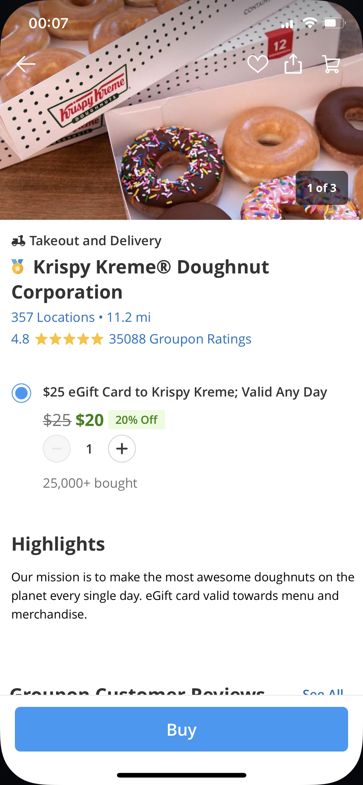 Krispy Kreme $20买$25礼卡