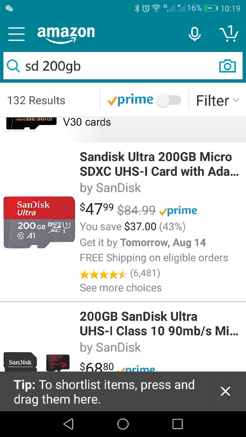 亚马逊 sandisk 200 sd卡 $47.99