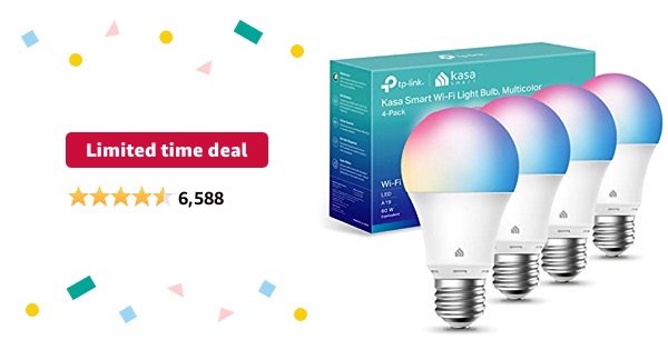 Limited-time deal: Kasa Smart Light Bulbs, Full Color Changing Dimmable Smart WiFi Bulbs Compatible with Alexa and Google Home, A19, 9W 800 Lumens,2.4Ghz only, No Hub Required, 4 Count (Pack of 1), Mu